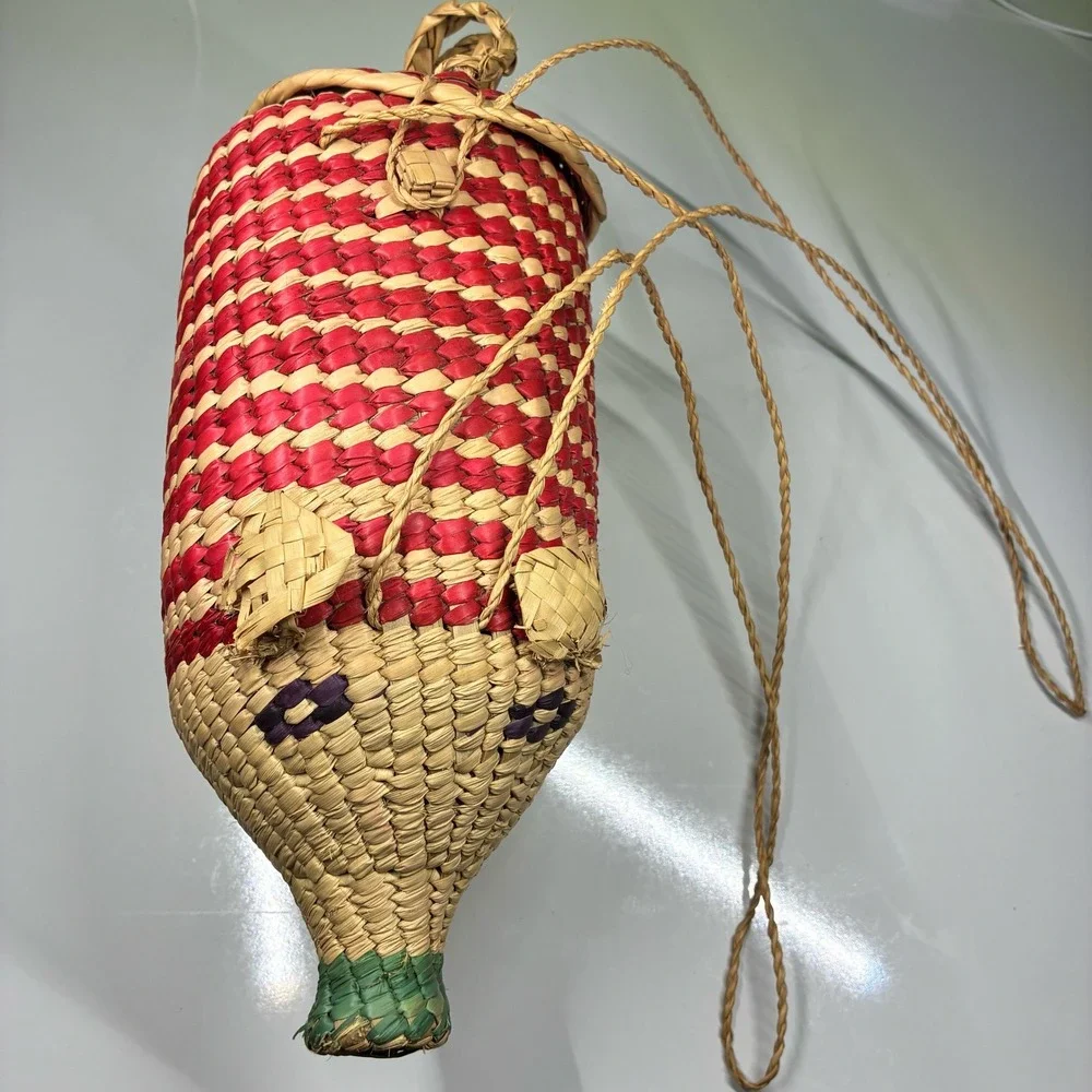 Vintage Hand Woven Straw Pig Basket Red Natural Animal Folk Art Storage with Lid